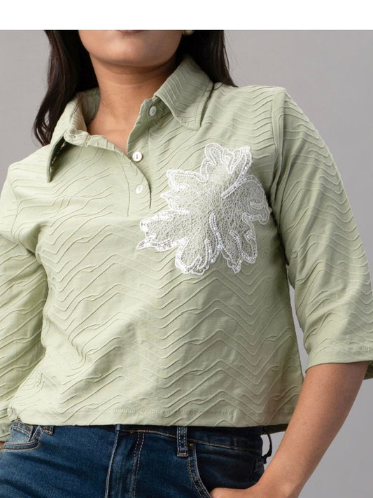 Olive Mist Textured Floral Polo Top