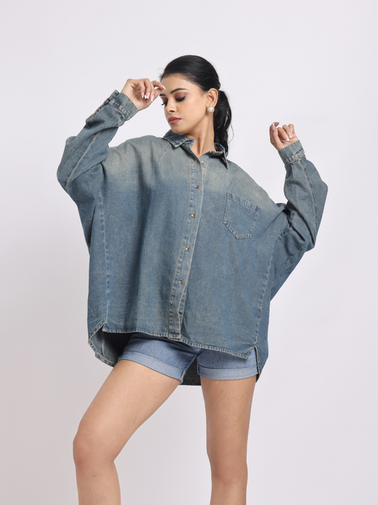 Oversized Mid Blue Denim Shirt with Dropped Shoulder