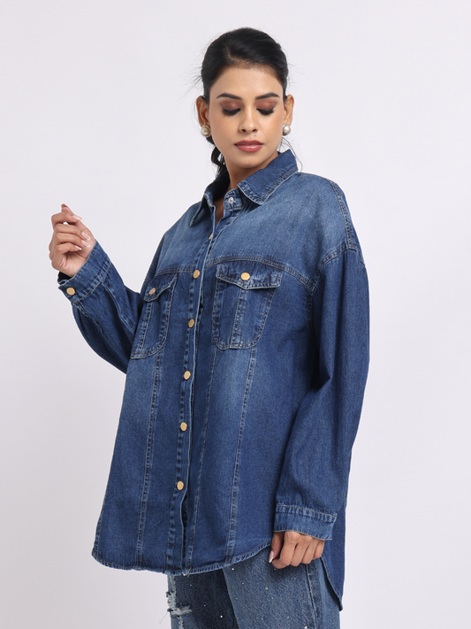 Dark Blue Oversized Denim Shirt with Dropped Shoulder