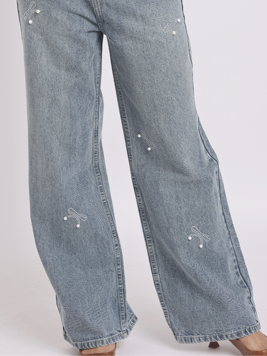 Vintage Blue Pearl Bow Straight-Fit Denim Jeans