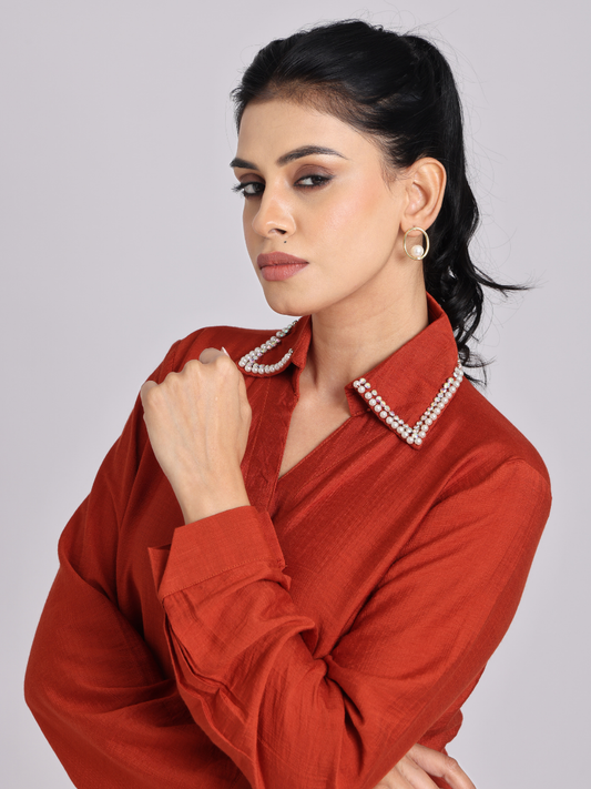 Rust Orange Pearl & Diamond Collar Shirt