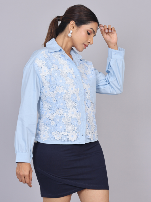 Sky Bloom Lace Cotton Shirt with Adjustable Hem