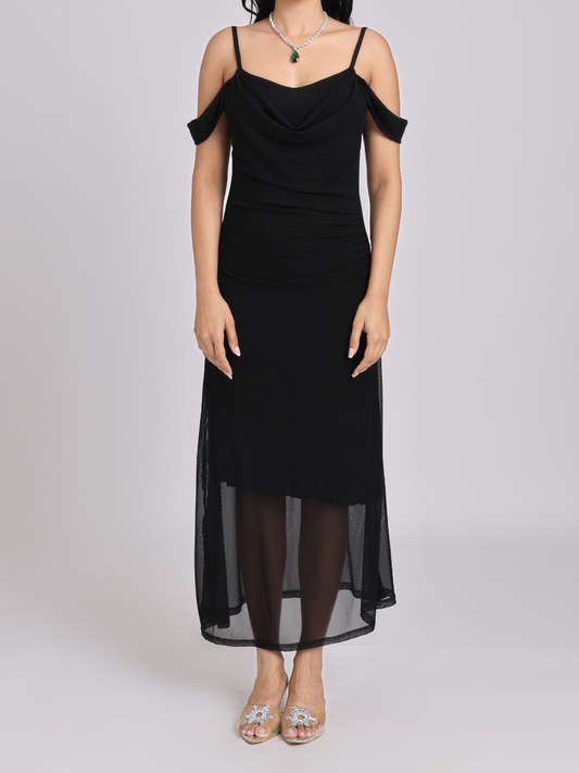 Black Draped Cold-Shoulder Sheer Hem Maxi Dress