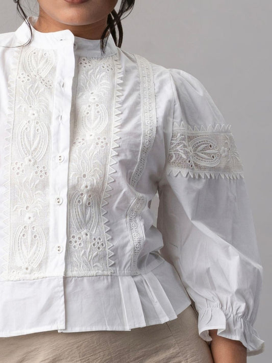 Victorian White Lace Panel Puff Sleeve Blouse
