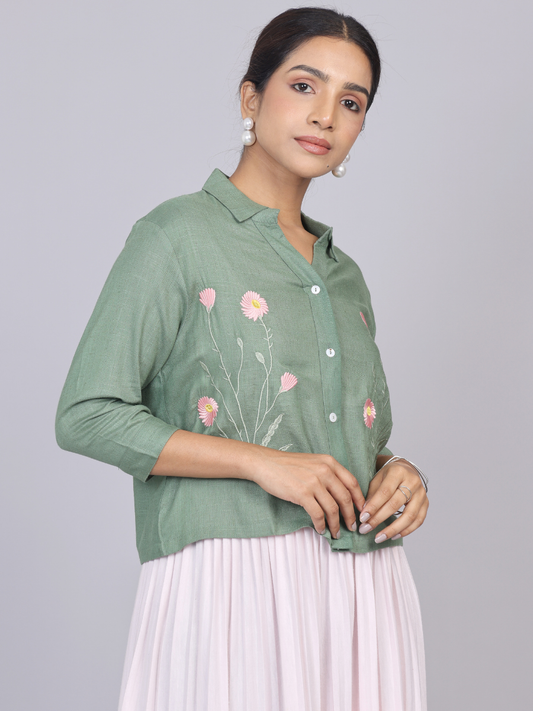 Sage Green Blossom Embroidered Cotton Shirt