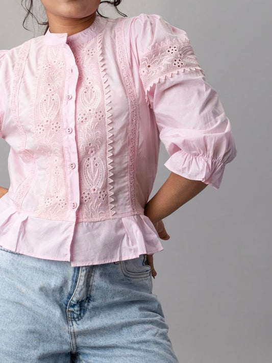 Rose Reverie Pink Lace Victorian Puff Sleeve Top