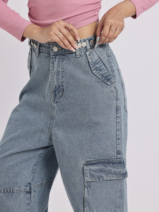 Blue Adjustable Waist Cargo Jeans