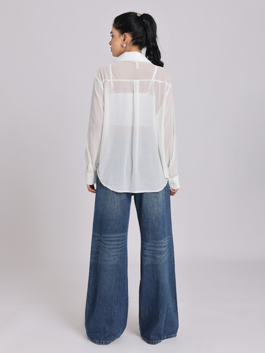 White Lace Crop Top with Sheer Shirt