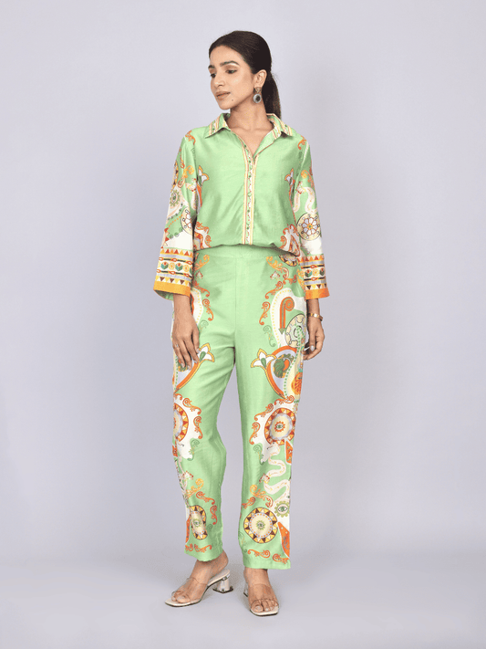 Elegant Green Silk Co-Ord Set with Floral Print