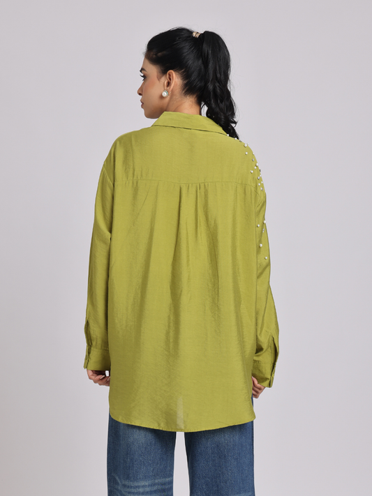 Olive Green Oversized Pearl & Diamond Embellished Shirt