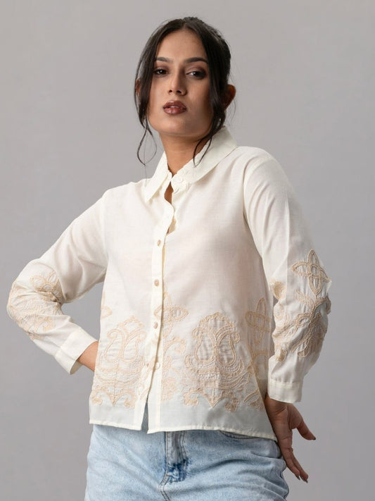 Embroidered Off-White Cotton Shirt