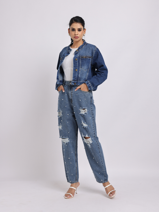 Blue Denim Jacket - Cropped Fit with Front Zipper Detail