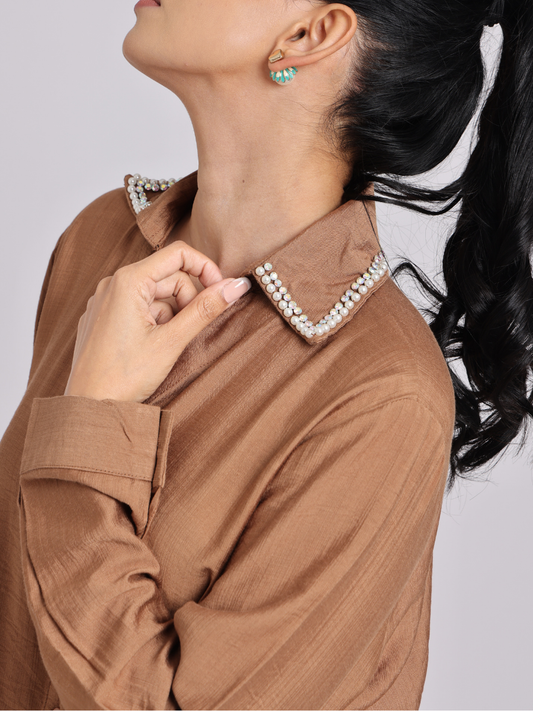 Elegant Rust Brown Pearl - Trim Shirt