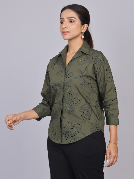 Deep Olive Cutwork Shirt