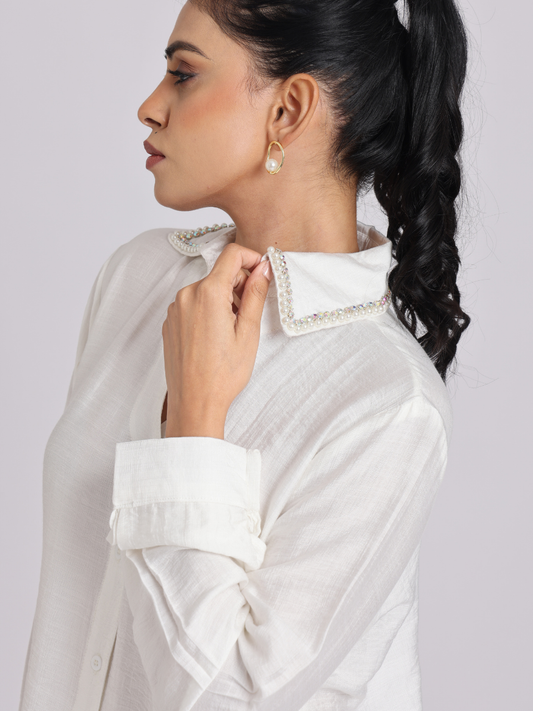 Pearl-Trim Luxe Satin Shirt - White