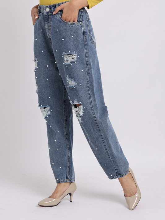 Dark Blue Pearl Embellished Distressed Jeans