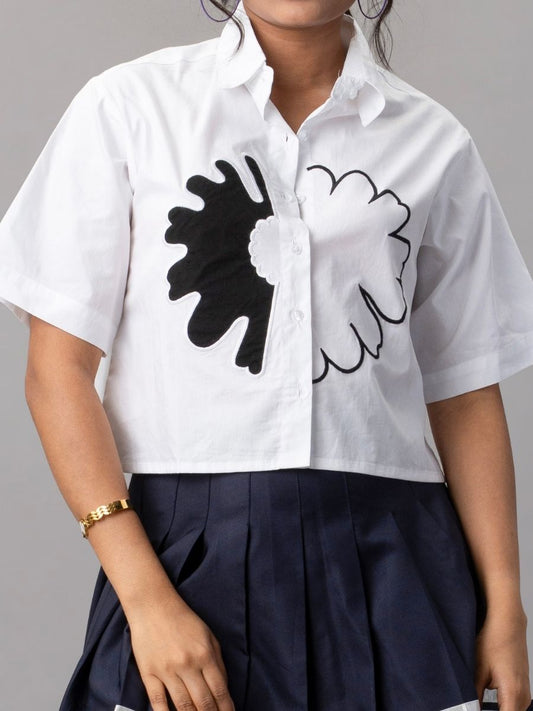 White Cropped Shirt with Black & White Flower Appliqué