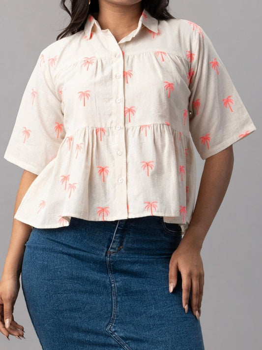 Palm Breeze Peplum Cotton Shirt - Pink
