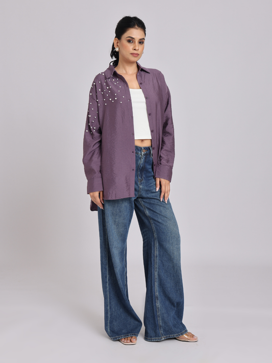 Purple Oversized Pearl & Diamond Embellished Shirt