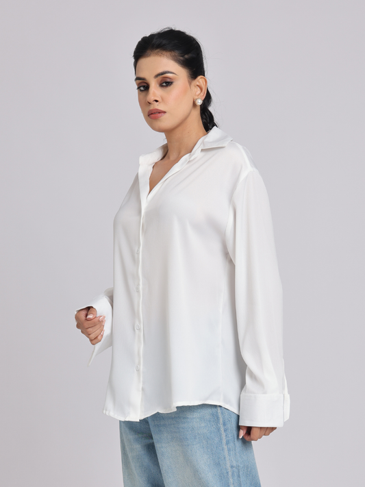 Elegant White Satin Collared Shirt