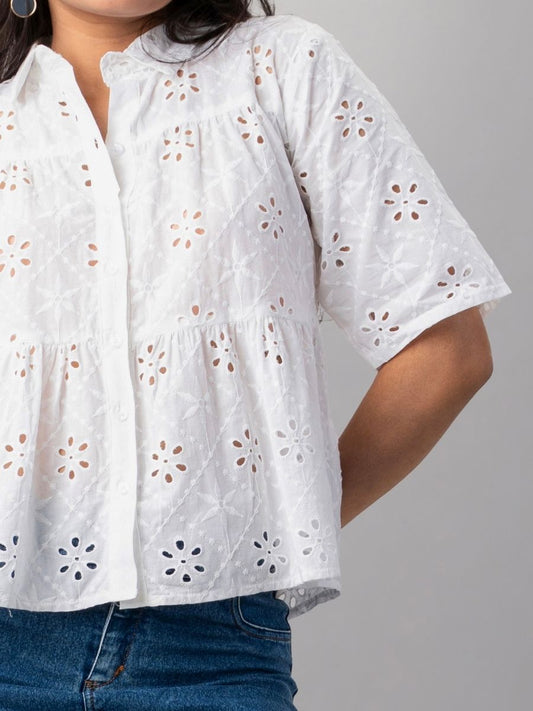 White Eyelet Embroidered Peplum Shirt