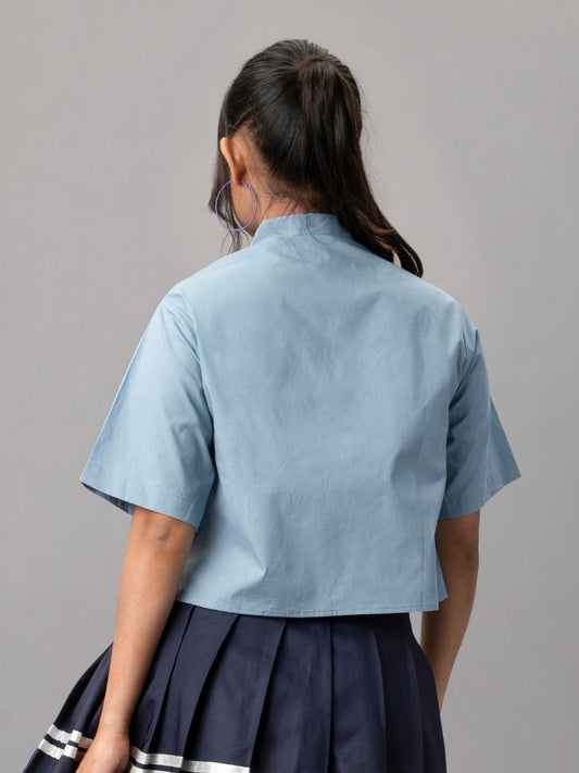 Sky Blue Cropped Shirt with Oversized White Appliqué Flower