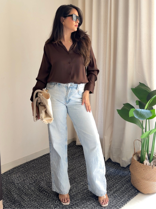 Rich Mocha Satin Long-Sleeve Shirt