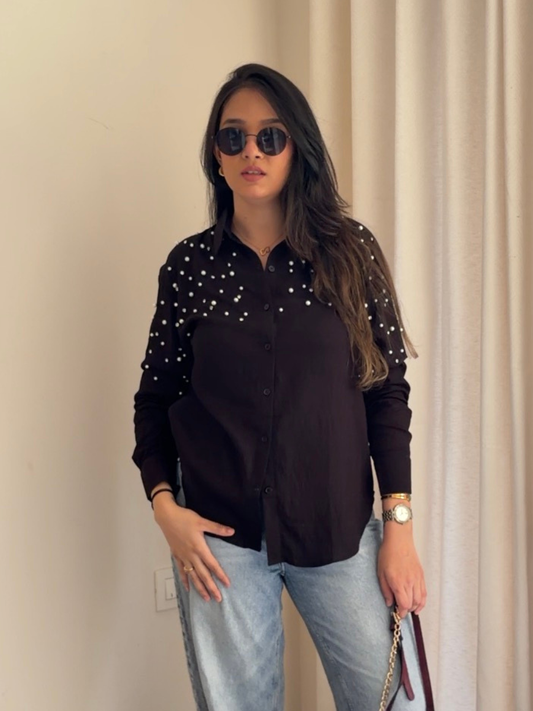 Black Boyfriend-Fit Pearl & Diamond-Embellished Shirt