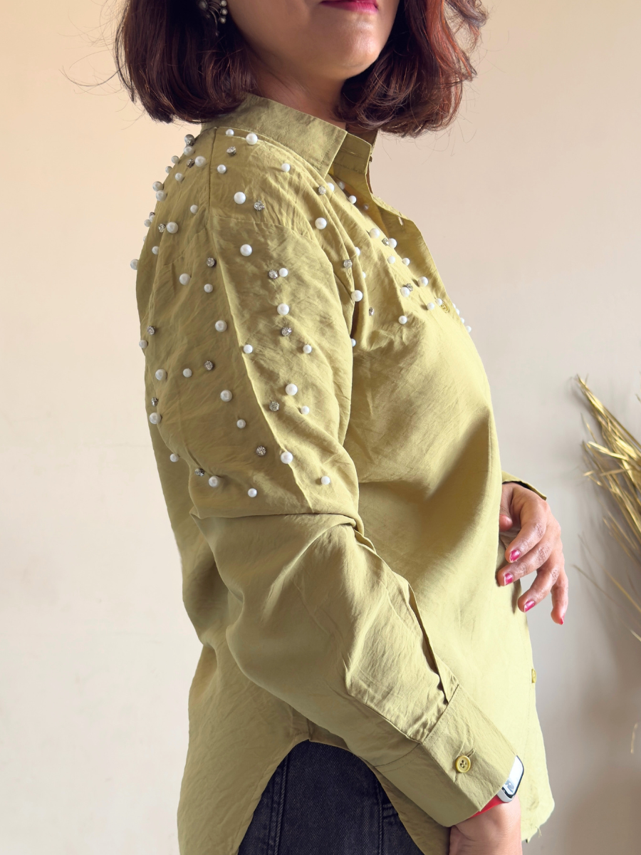 Olive Green Fit Pearl & Diamond-Embellished Shirt