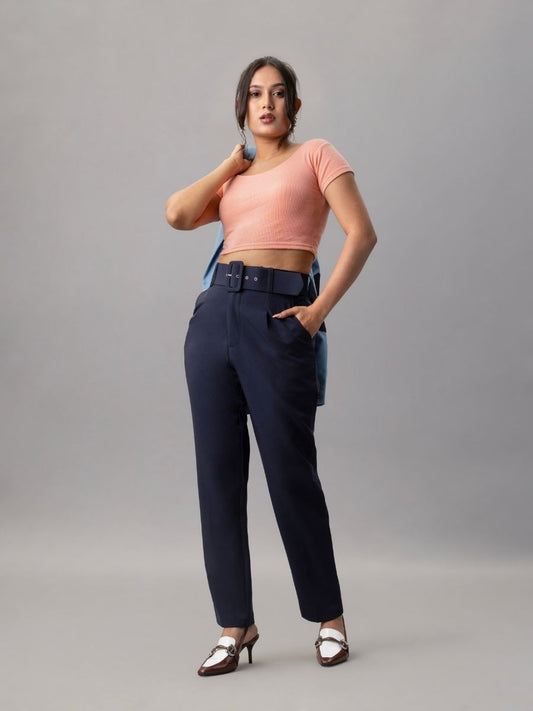 Navy High Waist Tapered Trousers with Belt