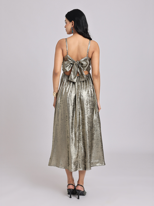 Metallic Gold Cowl-Neck Bow-Back Midi Dress
