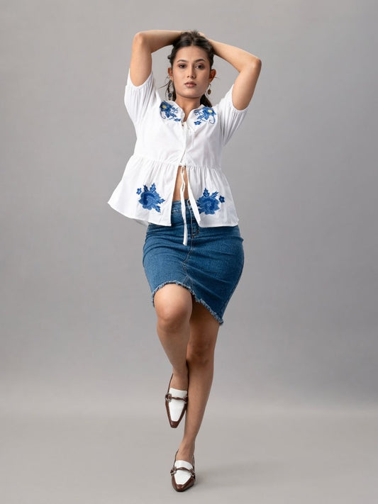White Puff Sleeve Top with Blue Floral Embroidery