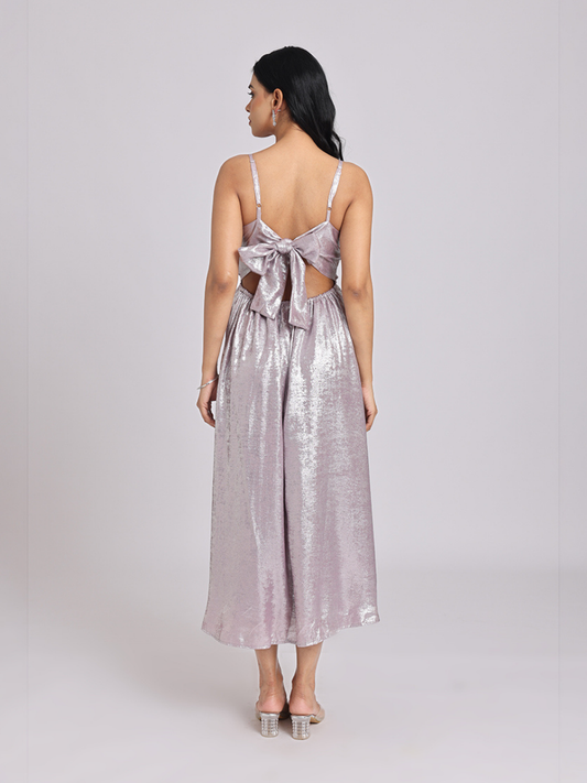 Metallic Lavender Back-Bow Midi Dress