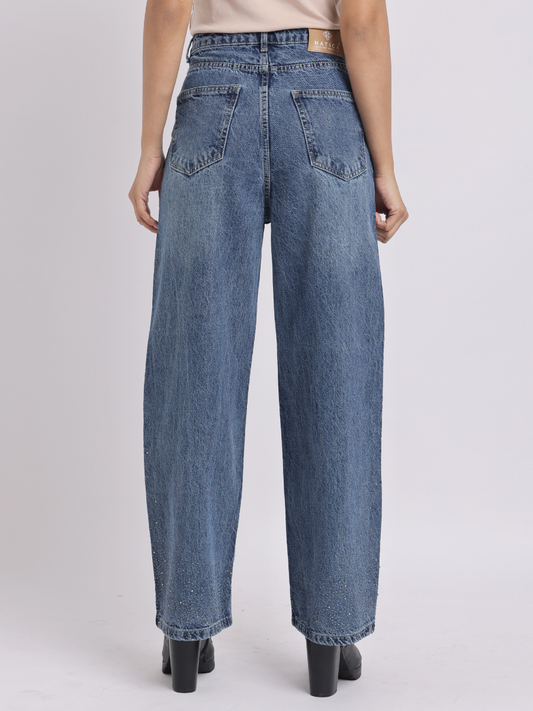 Mid-Blue Rhinestone Straight-Fit Jeans