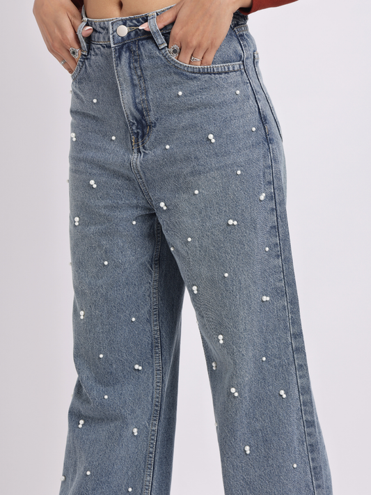 Mid-Rise Pearl-Studded Blue Denim Jeans