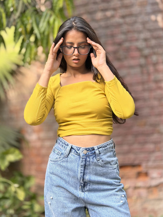 Mustard Yellow Side Elastic Ruched Crop Top