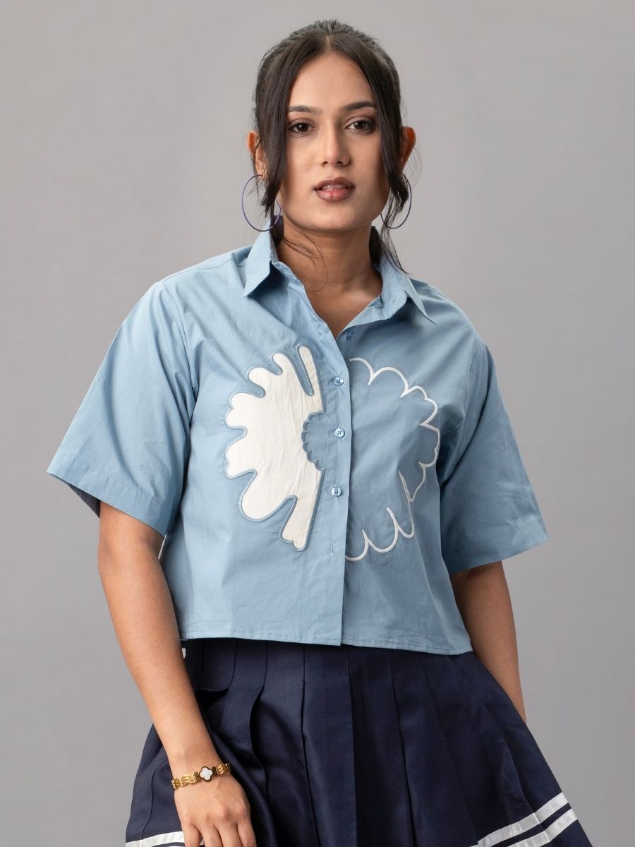Sky Blue Cropped Shirt with Oversized White Appliqué Flower