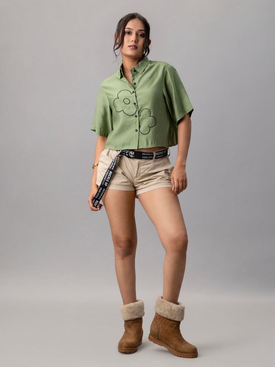 Sage Green Cropped Shirt with Floral Embroidery