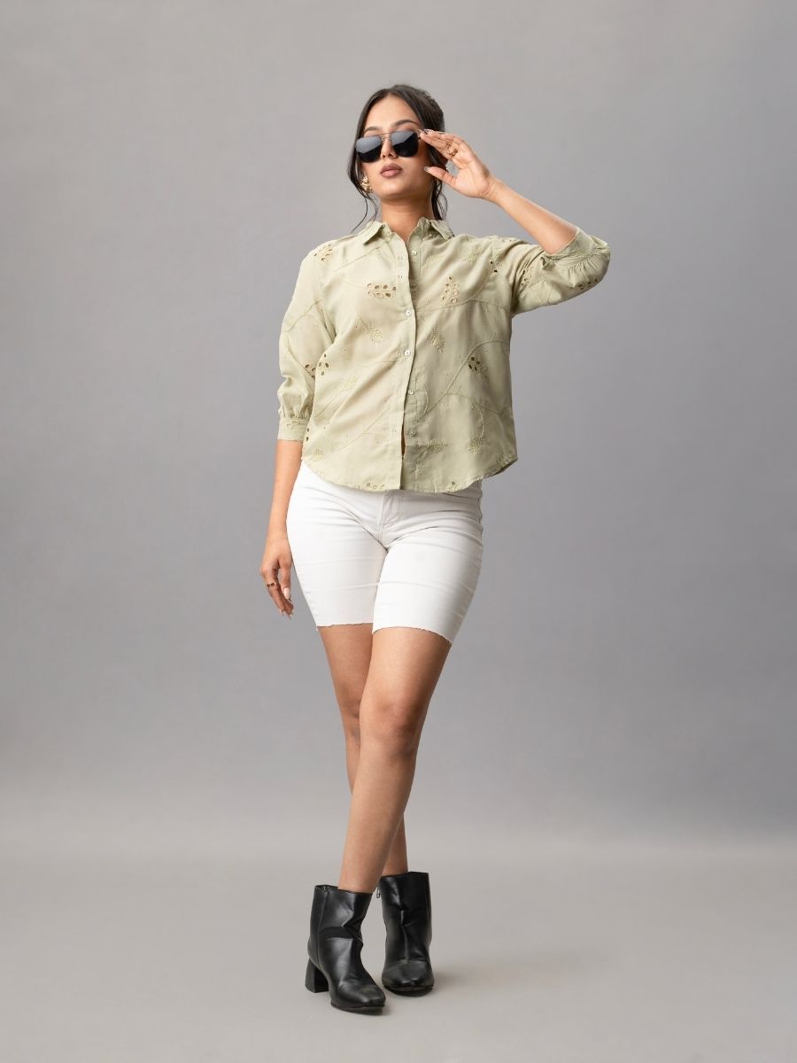 Sage Green Embroidered Cotton Shirt
