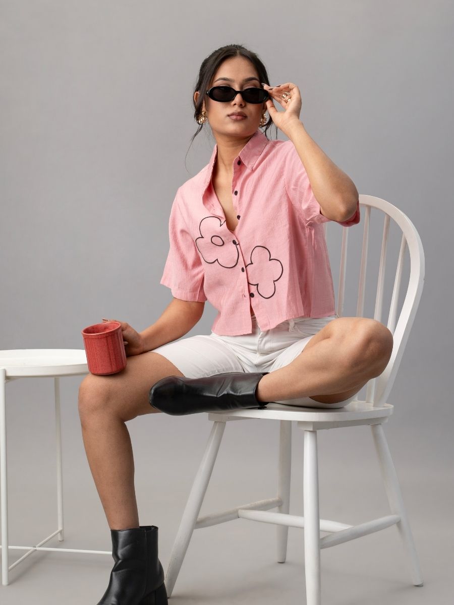 Pink Cropped Shirt with Black Floral Outline Embroidery