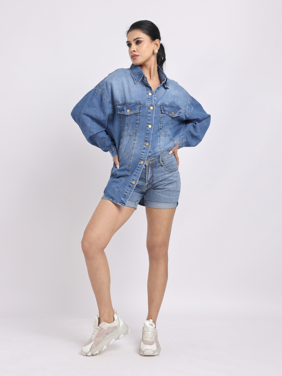 Light Blue Oversized Denim Shirt with Dropped Shoulder