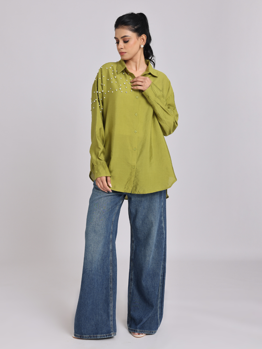 Olive Green Oversized Pearl & Diamond Embellished Shirt
