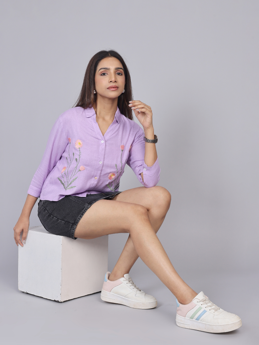 Lavender Blossom Embroidered Cotton Shirt