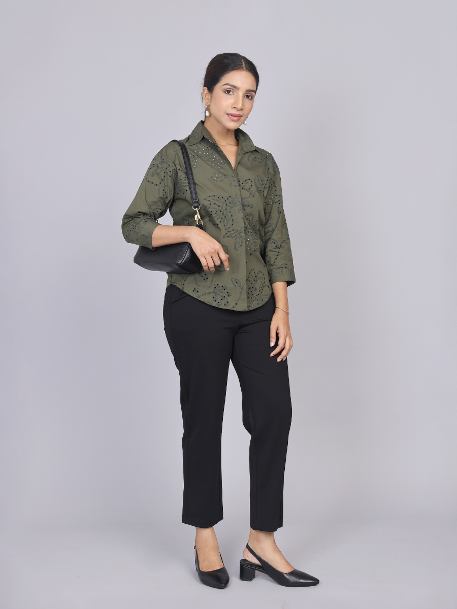 Deep Olive Cutwork Shirt