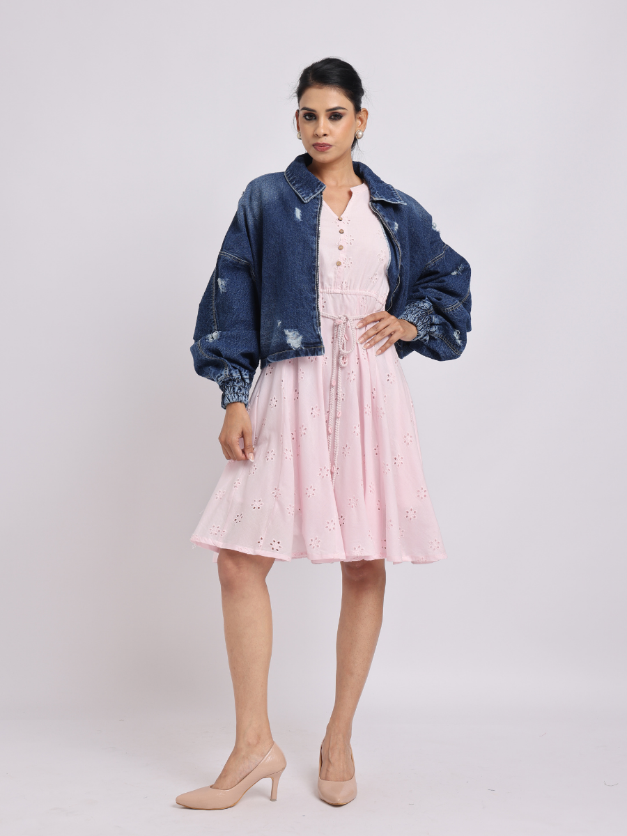 Dark Blue Distressed Denim Jacket with Zip Closure