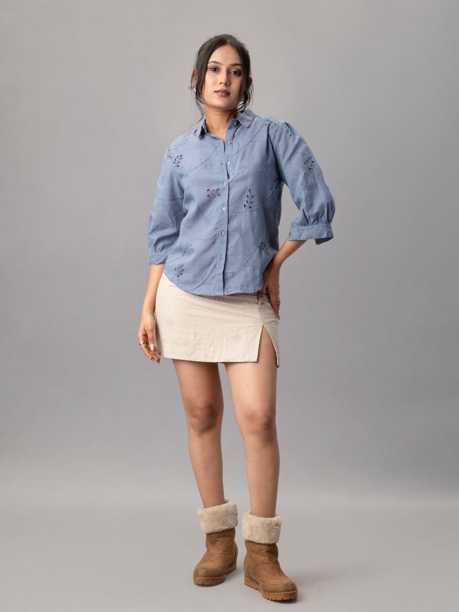Blue Cotton Shirt with Cutwork Embroidery