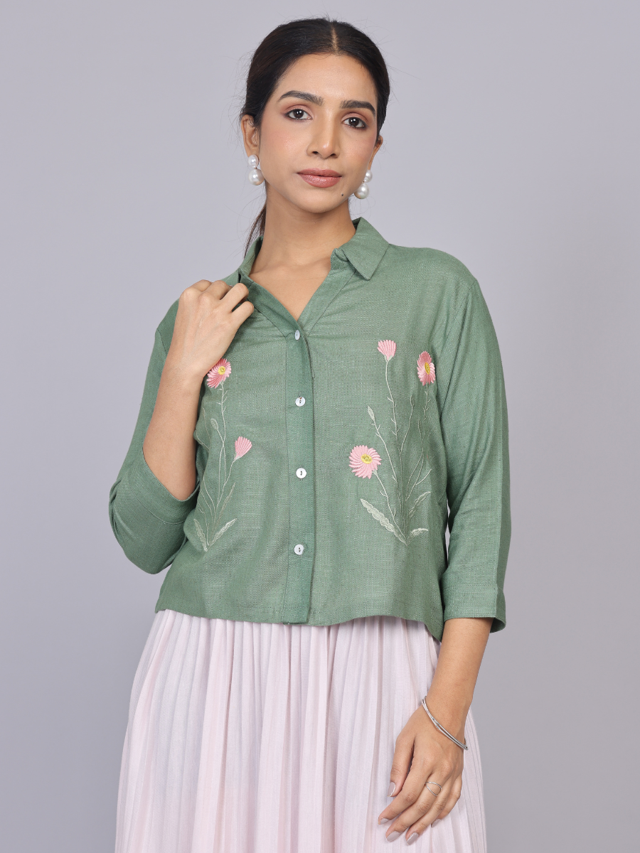 Sage Green Blossom Embroidered Cotton Shirt