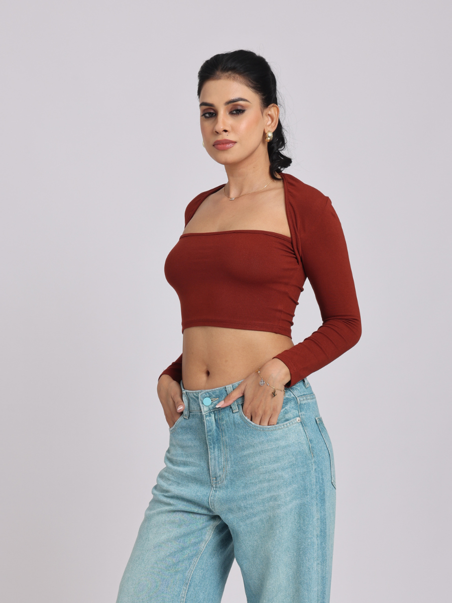 Chic & Sexy Square Neck Fitted Crop Top - Brown
