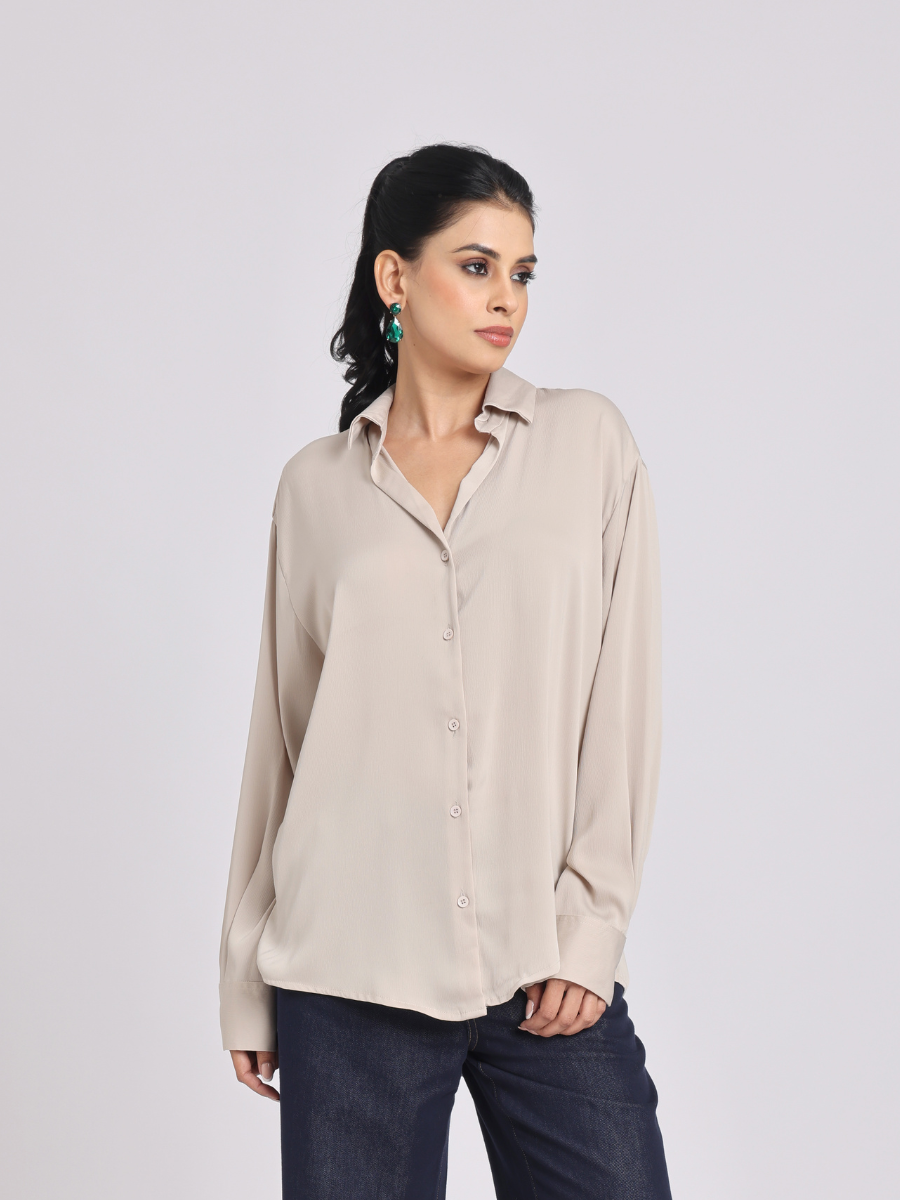 Beige Premium Flowy Satin Oversized Shirt