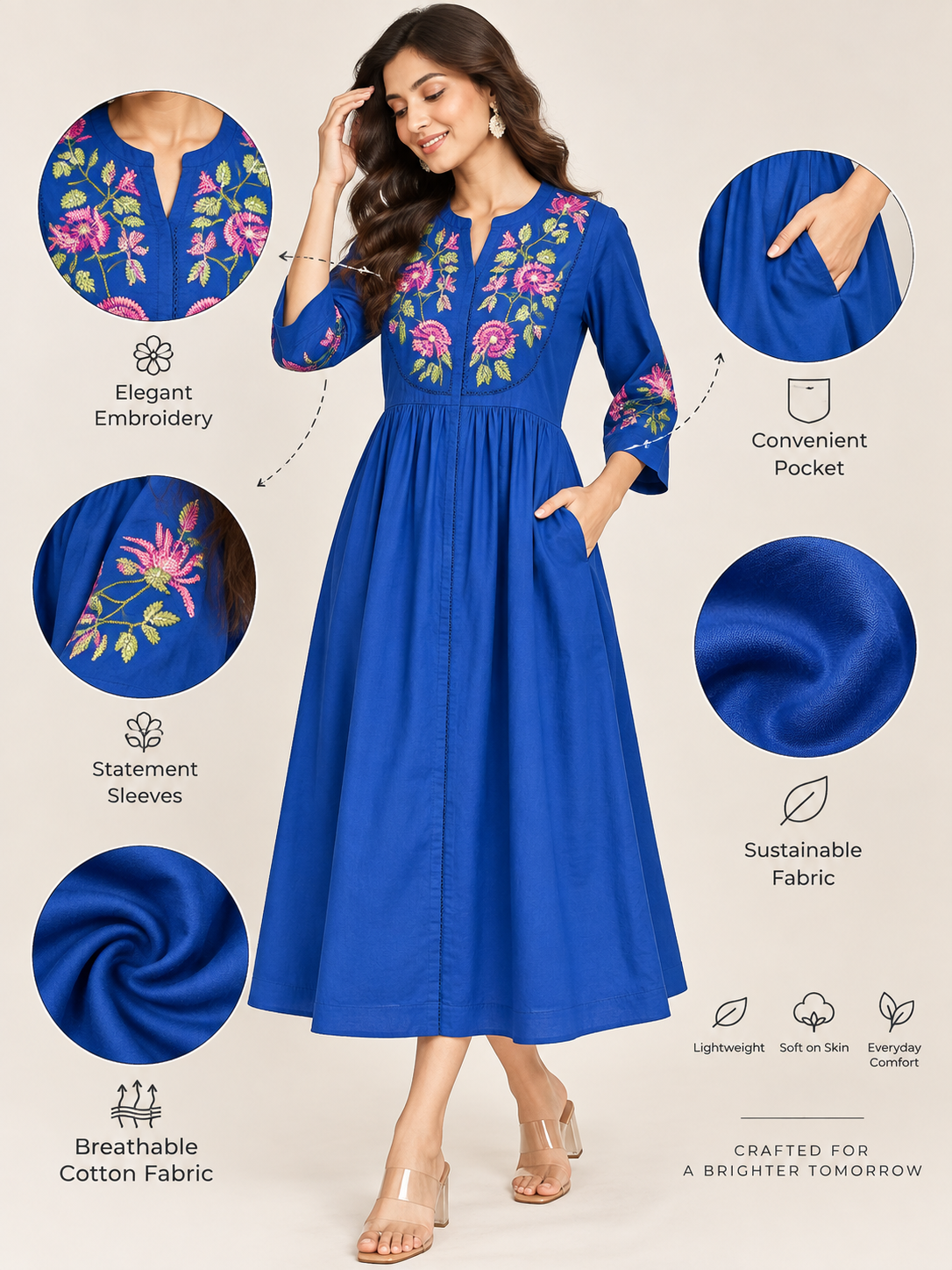 Blue Embroidered Cotton A-Line Midi Dress